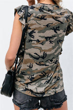 Back view of the Ruffled Printed T-Shirt showing cap sleeve detail and rounded neckline in Green Camouflage.