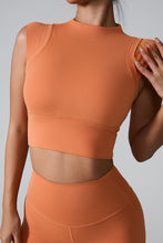 Model front view of Caramel color Mock Neck Active Tank.