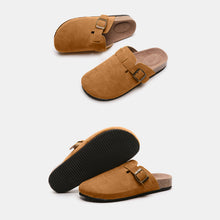 caramel suede closed toe buckle slide two pair front lay