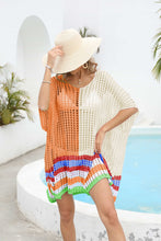 Caramel Valenyra openwork contrast cover-up styled with straw hat front view poolside