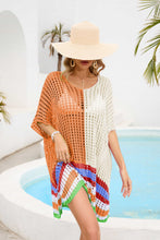 Caramel Model in Valenyra openwork contrast cover-up raising hem, styled with beach hat