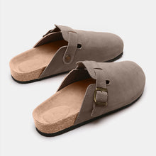 charcoal suede closed toe buckle slide close up front top lay