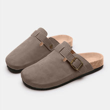 charcoal suede closed toe buckle slide paired top lay
