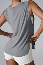 Charcoal slit round neck active tank back view showcasing fit.