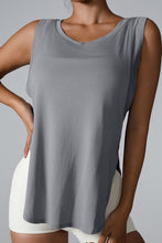 Charcoal slit round neck active tank front view on model