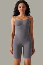 Charcoal spaghetti strap active romper front view with curve-hugging fit and supportive thick straps.