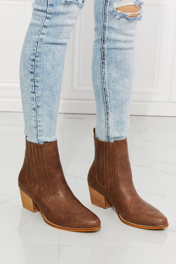 Brown MMShoes Love the Journey Stacked Heel Chelsea Boot in Chestnut, on model