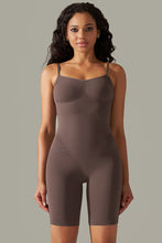 Chestnut spaghetti strap active romper front view with curve-hugging fit and supportive thick straps.