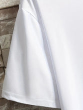 Detailed view of seam and stitching on short sleeve white ChiDrift 23 Legacy tee.