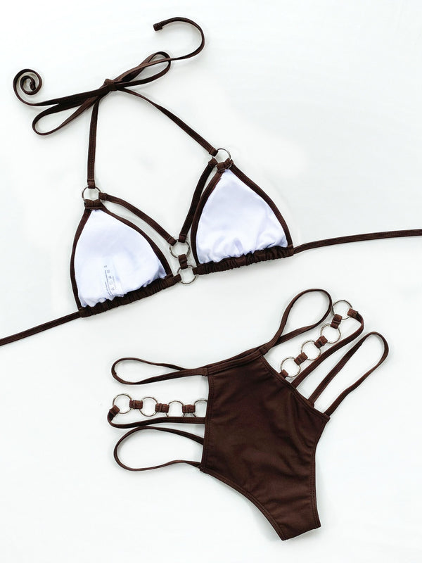 Back flat lay of chocolate cutout halter neck bikini set showing adjustable top straps and elastic waist bottom