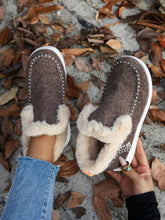 Model wearing the chocolate Furry Suede Round Toe Flat Sneakers in autumn leaves, Top angle