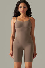 Chocolate spaghetti strap active romper front view with curve-hugging fit and supportive thick straps.