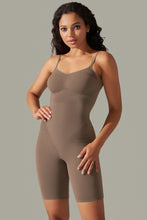 Side profile of chocolate active romper with high-stretch fabric and sculpting fit.