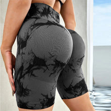 chromaluxe high waist shorts dark gray back view showcasing flattering fit and tie dye design
