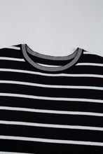 Close-up of soft striped knit fabric and round neckline detail on short sleeve top, highlighting texture and quality, in black.