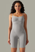 Cloudy Blue spaghetti strap active romper front view with curve-hugging fit and supportive thick straps.