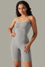 Side profile of Cloudy Blue active romper with high-stretch fabric and sculpting fit.