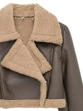 Close-up of faux sherpa collar and zipper on the coffee brown Nuvira Frostloom cropped jacket.