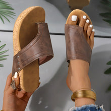 Model wearing PU Leather Wedge Sandals in coffee brown