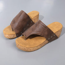 Model wearing PU Leather Wedge Sandals in coffee brown