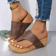 Model wearing PU Leather Wedge Sandals coffee brown front walking view 