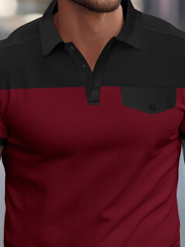 Close-up view of burgundy ContrastEdge Waffle Polo showing waffle-knit texture, button placket, and contrast collar