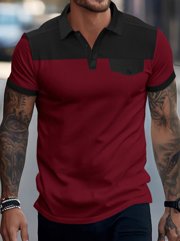 Model wearing burgundy Contrast Edge Waffle Polo with contrast collar, shoulders, and sleeve trim