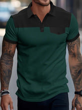 Model wearing dark green ContrastEdge Waffle Polo featuring contrast details and decorative pocket accent