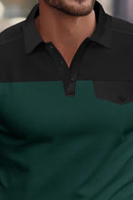 Close-up view of dark green ContrastEdge Waffle Polo showing waffle-knit texture, button placket, and contrast collar
