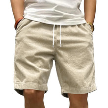 Front view of Cordero FiveCent Flex Cord Shorts in beige on model.