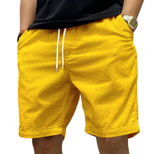 Side angle view of Cordero FiveCent Flex Cord Shorts in yellow.