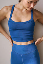 Front view of Crestline Wave Scoop Neck Active Tank in dark blue.