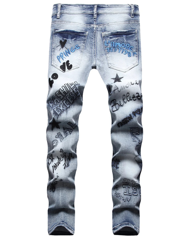 Crownamore inkthread graffiti embroidered denim jeans back view light blue