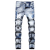 Men’s crownamore inkthread graffiti embroidered denim jeans front view light blue