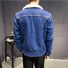 Dark Blue FrostEdge Men’s Wool-Lined Denim Winter Jacket, model back pose.
