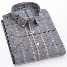 Folded front view of men’s dark gray Prestige Stripe Plaid Oxford short sleeve button-down shirt
