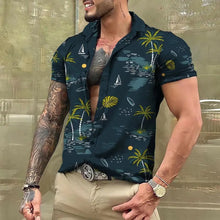 Model wearing Dark Green Tropicscape Breeze Hawaiian Button-Up in classic palm tree print, front view