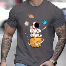 Close-up front view of astronaut and planet graphic on dark grey Cosmic Voyager tee