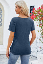 Dark blue square neck short sleeve T-shirt shown from the back, highlighting the even color tone and soft drape.