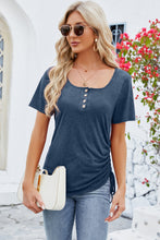 Dark blue square neck short sleeve T-shirt with flattering neckline and soft fit.