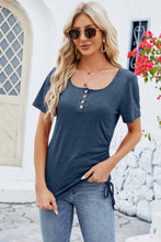 Dark blue square neck T-shirt shown from the side, featuring ruched front detail and clean sleeve line.