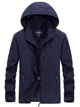 dark blue men’s zip hooded windbreaker jacket front view
