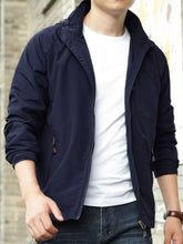 dark blue men’s zip hooded windbreaker jacket model front view