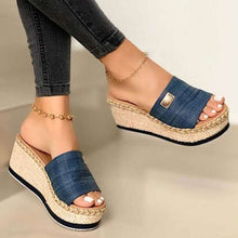 Dark Blue PU Leather Open Toe Sandals side view on model