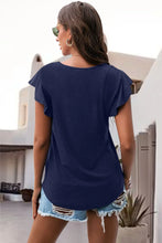 Dark Blue ruffled round neck cap sleeve blouse back view