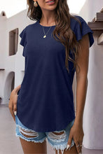Dark Blue ruffled round neck cap sleeve blouse front view