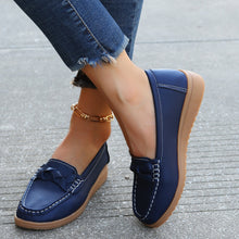 Dark Blue Weave Wedge Heeled Loafers styled on model