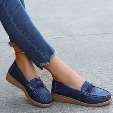 Dark Blue Weave Wedge Heeled Loafers side profile