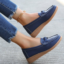 Dark Blue Weave Wedge Heeled Loafers side profile styled gold anklet 