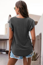 Dark Gray ruffled round neck cap sleeve blouse back view
